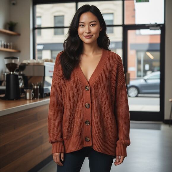 American Eagle oversized boxy button up v-neck rusty brick red sweater Size S - Picture 8 of 9